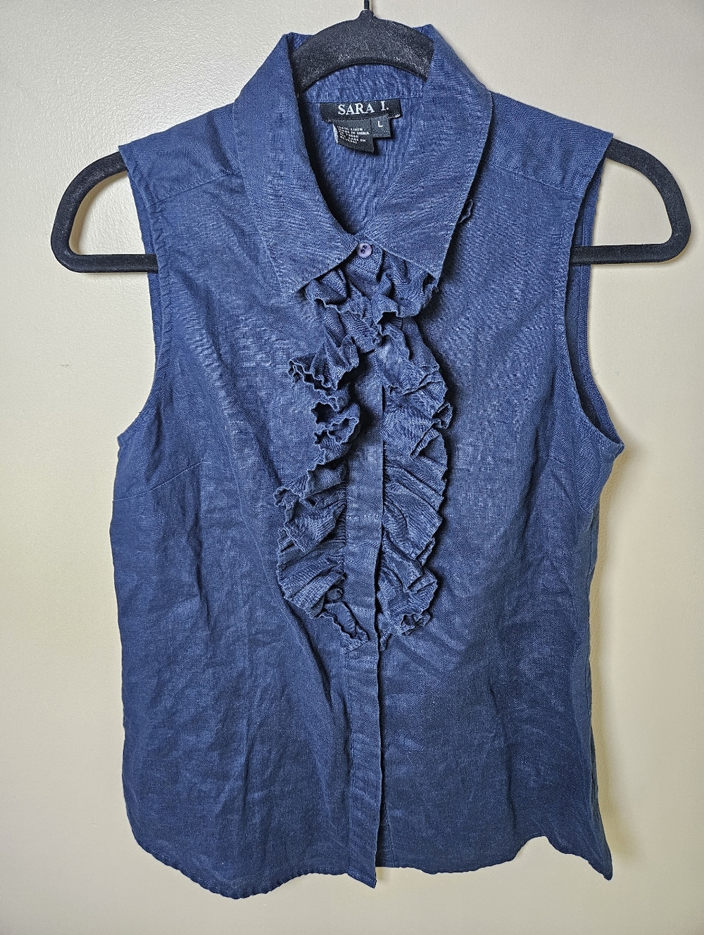 Sara I Navy Blue 100% Linen Ruffle Button Front Sleeveless Tank Blouse Large